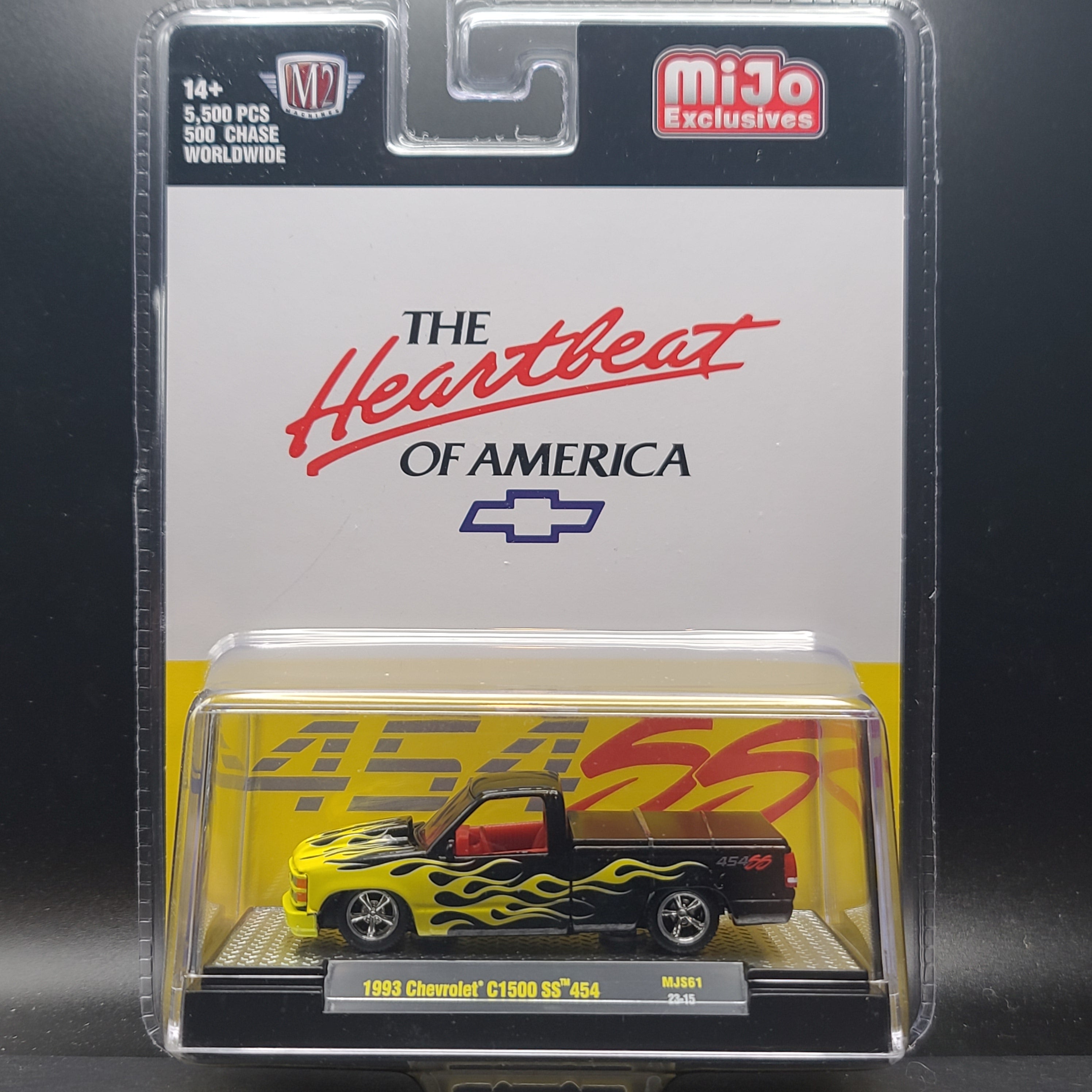 M2 Machines '90 Chevrolet C1500 SS 454 Pick-up Truck, Black w/ Yellow Flames (2023 MiJo Exclusives - Limited Edition)