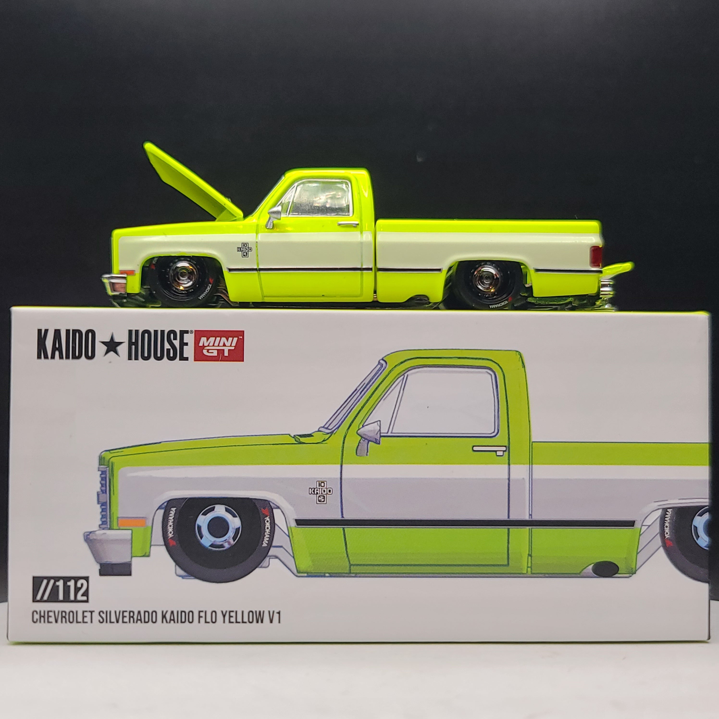 Kaido House x Mini GT '83 Chevrolet Silverado Kaido Works - 1:64, Flo Yellow (2024 Limited Edition)