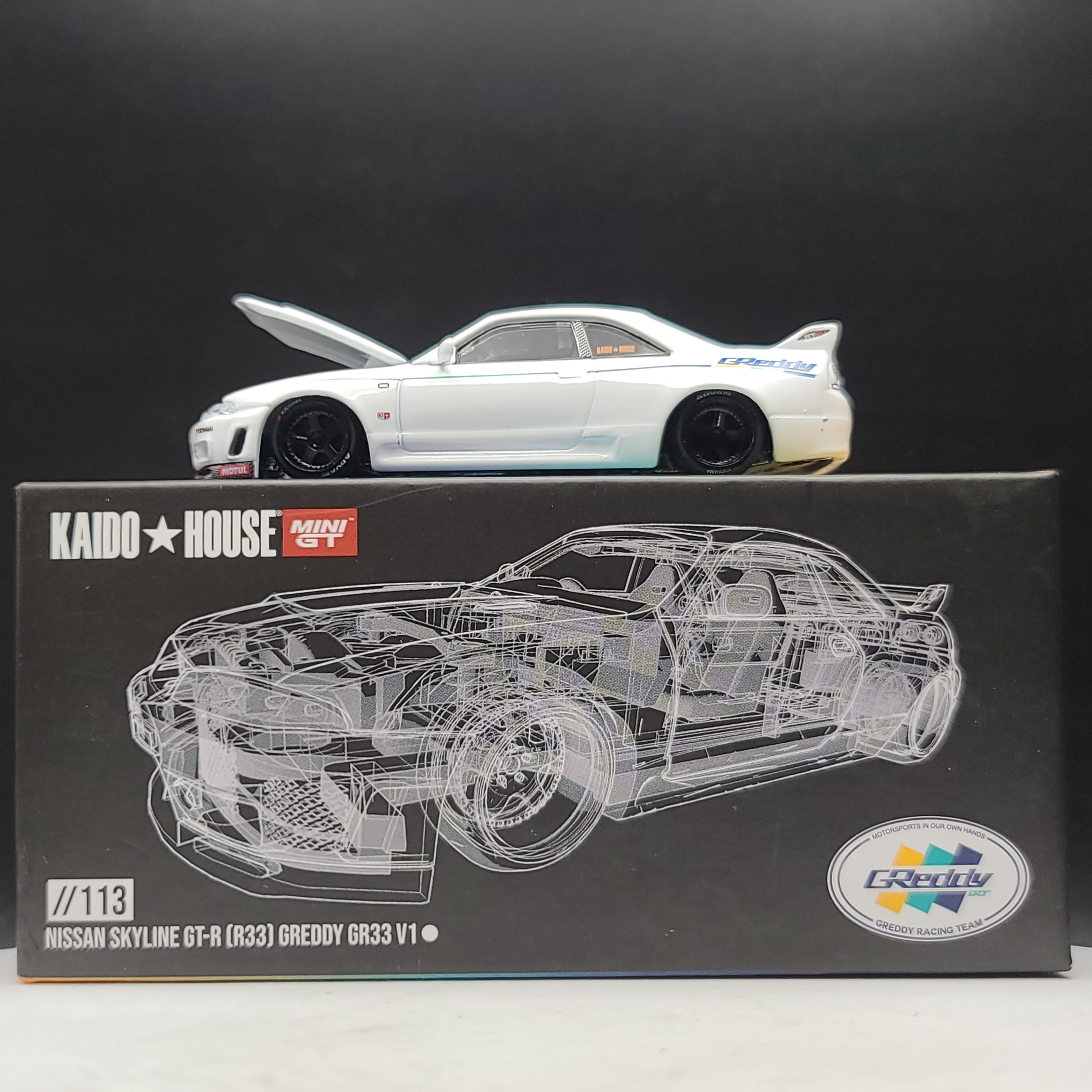 Kaido House x Mini GT Nissan Skyline GT-R (R33) GReddy GR33 V1 - 1:64, White (2024 Limited Edition)