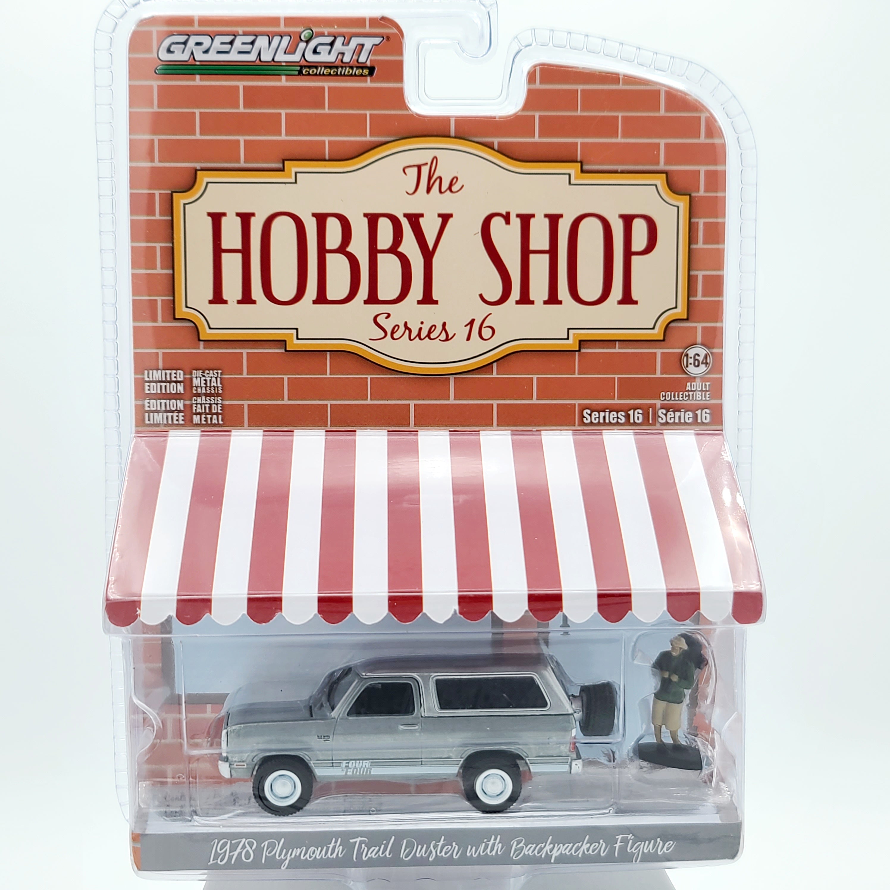 GreenLight - CHASE - '78 Plymouth Trailduster w/ Backpacker Figure - 1:64 scale (2024 Hobby Shop Series 16)