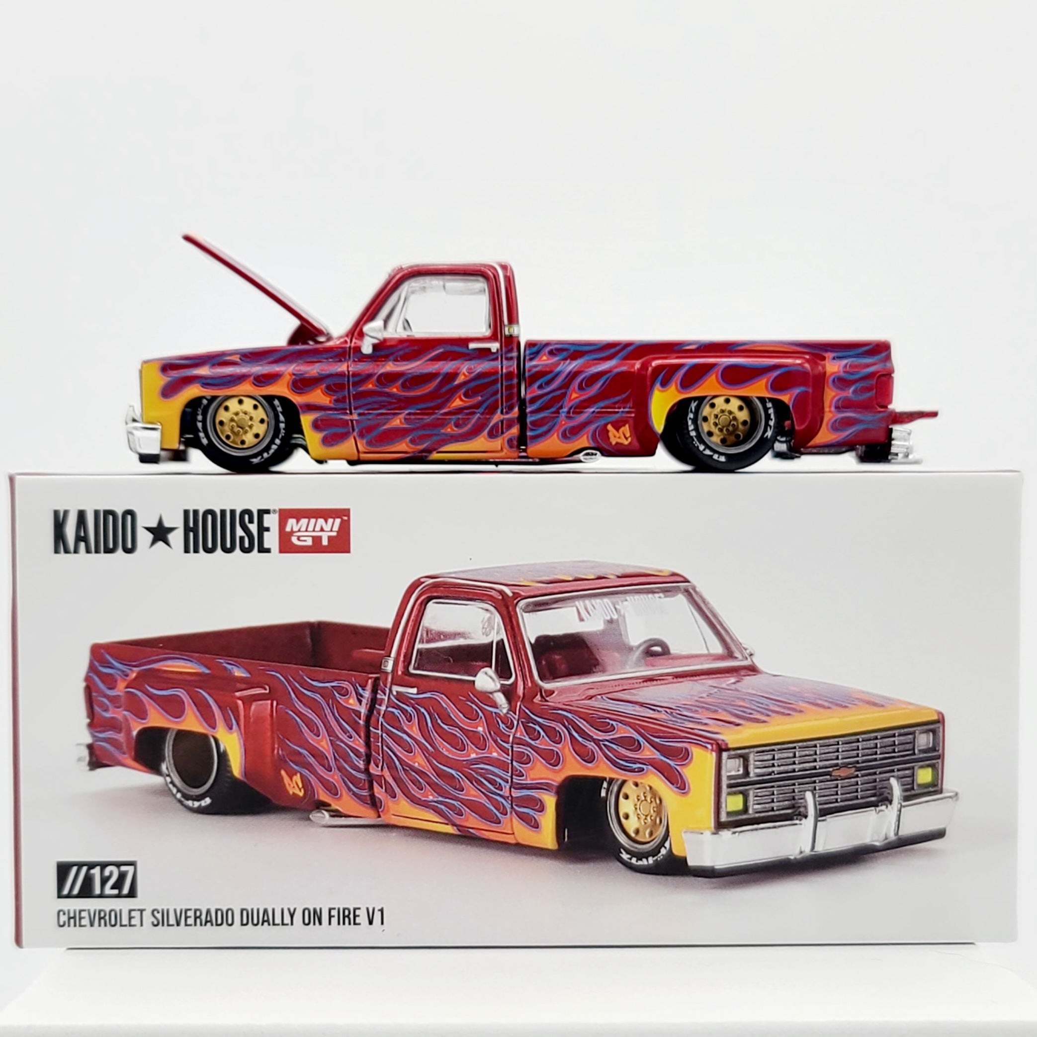 Kaido House x Mini GT '83 Chevrolet Silverado Dually On Fire V1 - 1:64 scale (2024 Limited Edition)