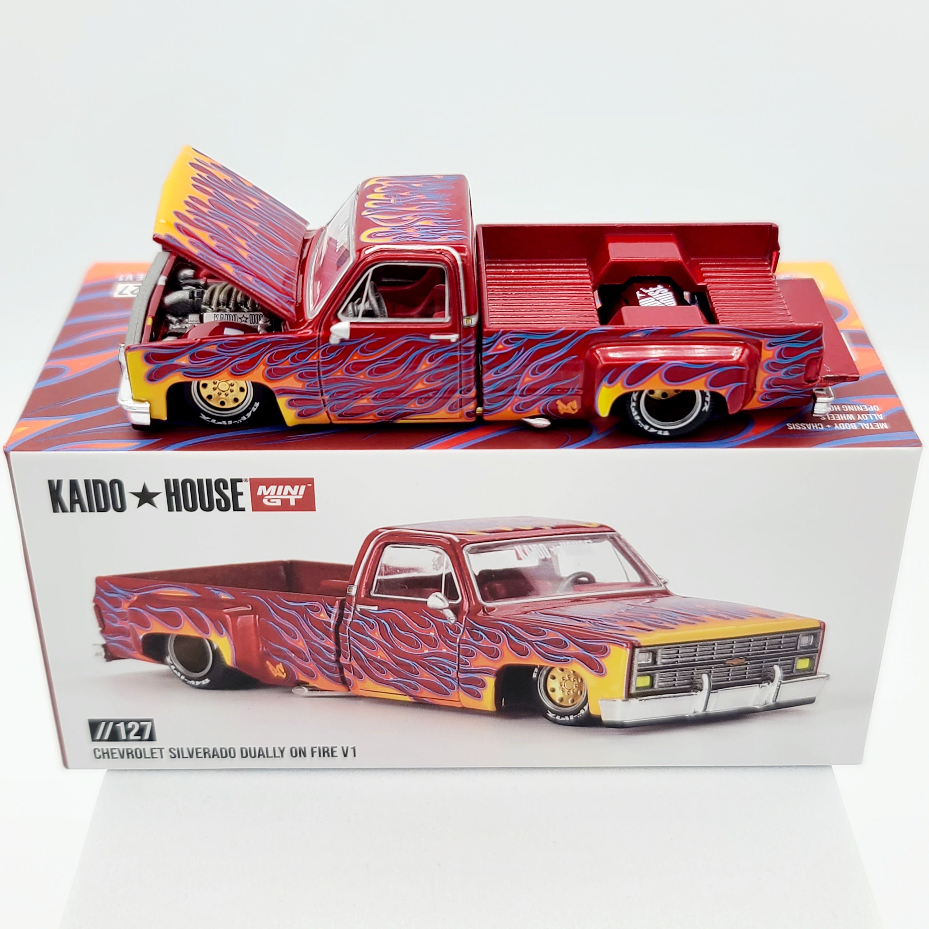 Kaido House x Mini GT '83 Chevrolet Silverado Dually On Fire V1 - 1:64 scale (2024 Limited Edition)