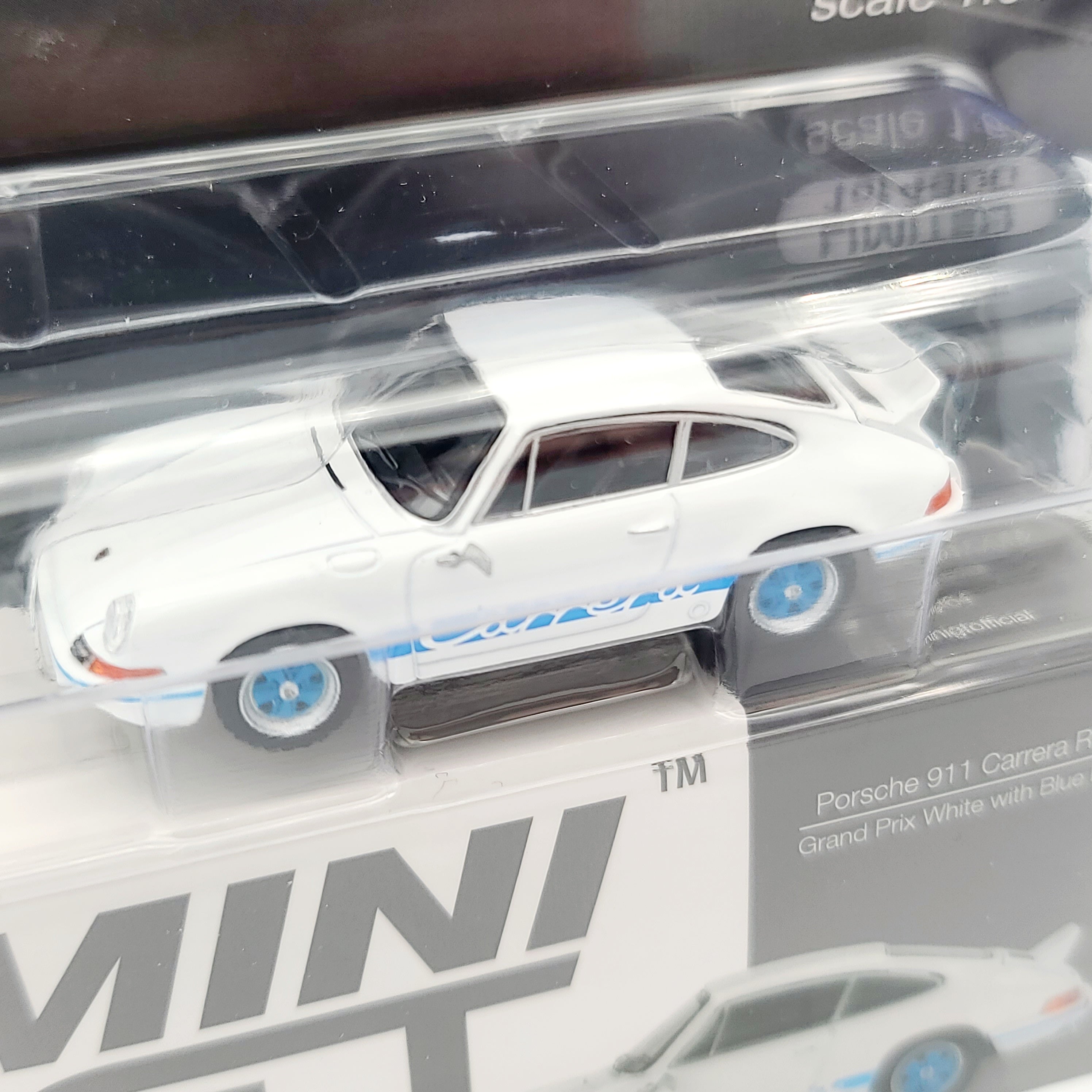 Mini GT Porsche 911 Carrera RS 2.7 - 1:64 scale, Grand Prix White w/ Blue Livery (2024 MIJO Exclusives - Limited Edition)