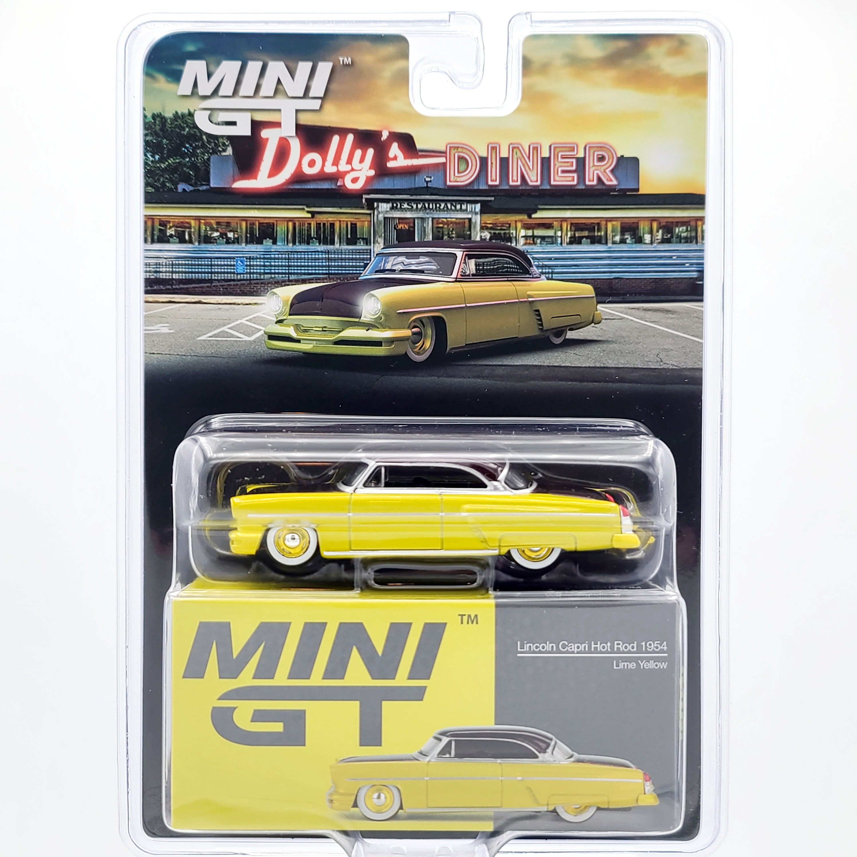 Mini GT '54 Lincoln Capri Hot Rod - 1:64 scale, Lime Yellow (2024 MIJO Exclusives - Limited Edition)